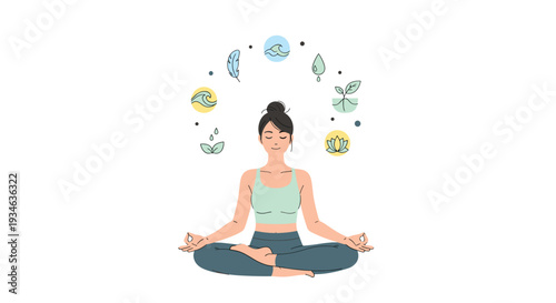 A serene woman with dark hair sits cross-legged in a meditative yoga pose, surrounded by floating nature element icons on a clean white background.