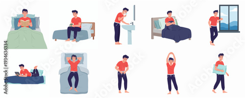 Flat Simple Daily Routine of Young Man Illustration Set