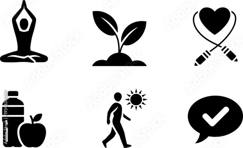 Healthy lifestyle silhouette icon set, yoga plant heart jump rope fitness water bottle apple check mark vector