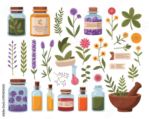 Vibrant herbal and floral apothecary collection with medicinal jars and plants
