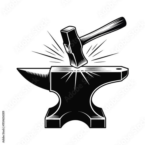 A vintage blacksmith hammer striking an anvil with sparks flying outwards