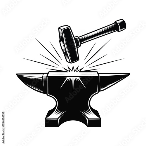 Blacksmith hammer striking an anvil with sparks flying in a dramatic illustration