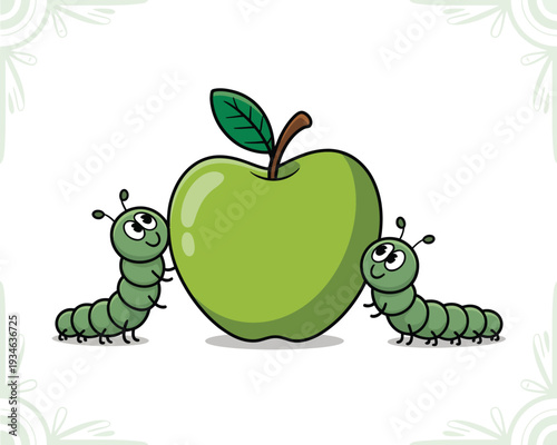 Two playful caterpillars happily surrounding a large green apple.