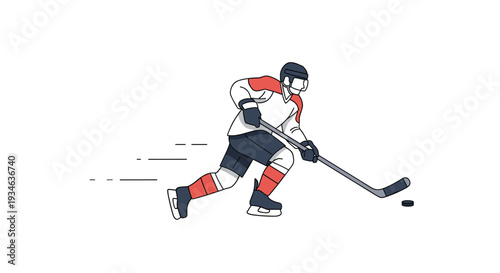 A male ice hockey player in a red, white, and blue uniform skates rapidly across a white surface, holding a stick and puck, with speed lines indicating motion.