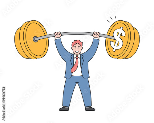 Business professional lifting heavy golden weights representing financial burdens or responsibilities