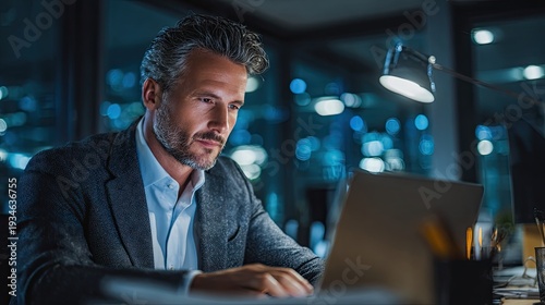 Businessman CEO specialist using computer technology working on laptop while sitting at desk in modern office