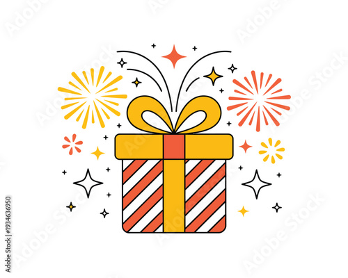 Colorful gift box with festive fireworks and decorative bow for celebration