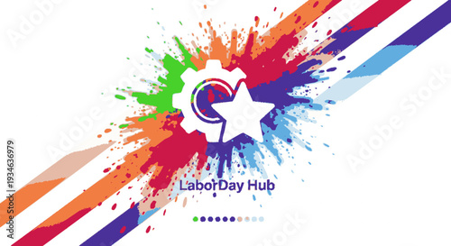 Vibrant labor day hub logo with colorful paint splatters and gear symbol on white background