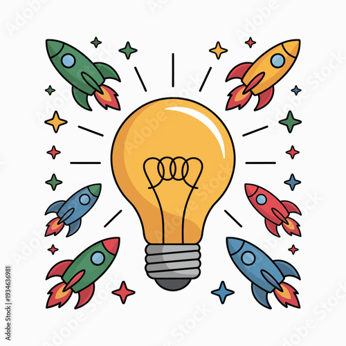 Innovative lightbulb surrounded by colorful rockets and stars in a creative illustration