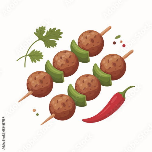 Delicious skewered meatballs with fresh herbs and spices - flat food illustration