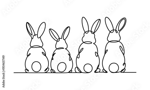 Four rabbits sitting in a row looking forward line drawing