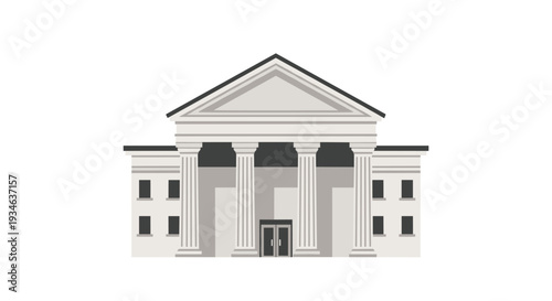 A grey classical building with six prominent fluted columns and a triangular pediment stands against a plain white background.