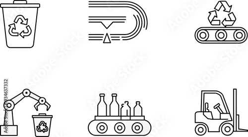 Recycling and waste management line icon set, conveyor robot factory vector illustration isolated