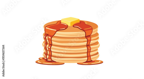 A tall stack of eight golden-brown pancakes is generously drizzled with amber maple syrup and topped with a melting square of yellow butter.