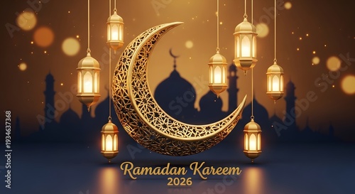 Ramadan Kareem 2026 golden crescent moon with lanterns