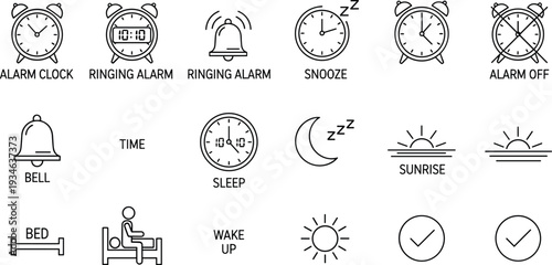 Alarm clock icon set featuring ringing bells snooze sleep mode sunrise wake up time bed and morning routine schedule symbols