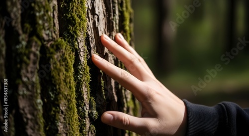 Hand touching mossy tree trunk in forest
