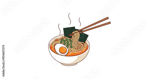 A steaming bowl of ramen with noodles, a soft-boiled egg, green onions, and nori sheets is shown with chopsticks lifting noodles.