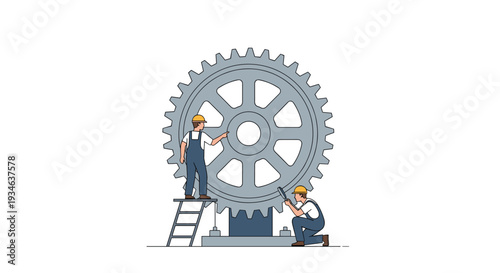 Two male workers in blue overalls and yellow hard hats are shown maintaining a massive grey industrial gear on a white background.