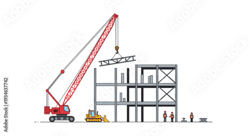 A red mobile crane lifts a steel truss over a grey skeletal building structure with a yellow bulldozer and three workers on a white background.