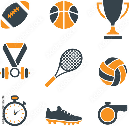 Sports and fitness equipment icon set with balls, trophy, and athletics gear in flat design style.