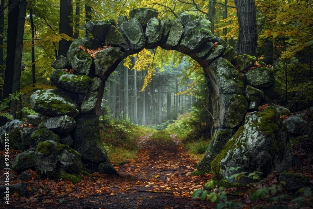 Fototapeta premium Enchanting autumn forest scene featuring a mossy stone archway framing a path leading into a misty woodland