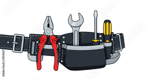 A black leather tool belt with a silver buckle holds red-handled pliers, a silver wrench, and two screwdrivers on a white background.