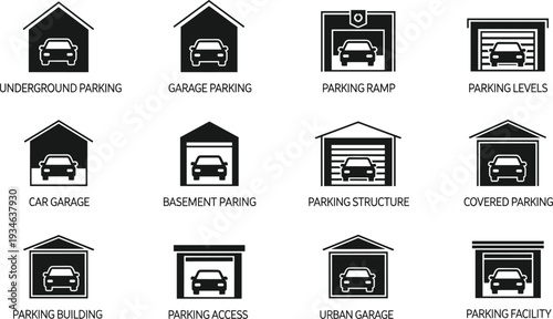 Car parking icon set featuring underground garage parking ramp levels building structure covered facility urban storage and vehicle access basement symbols