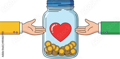 Charity donation jar illustration featuring hands giving coins into a glass jar with a red heart symbol for nonprofit fundraising