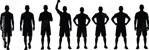 Male silhouettes collection, standing walking vector, body posture icons, gesture outline set, confident stance illustration, people design, black silhouette art