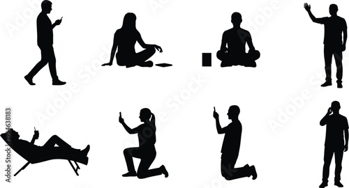 Mobile device user silhouettes, everyday technology interaction, black vector illustration, digital lifestyle, smartphone activity, modern posture, isolated figures, tech behavior, gesture art