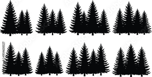 Pine tree silhouette vector, evergreen forest illustration, nature woodland graphic, rustic landscape artwork, conifer plant clipart, outdoor scenery icon, botanical design