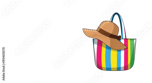 A woven straw hat with a brown band is casually placed on a colorful striped beach bag against a pristine white background.