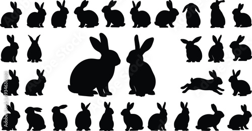 Rabbit silhouettes collection, bunny animal vector, wildlife icons set, nature outline design, pet mammal poses, black silhouette art, hopping illustration