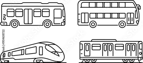 Public transportation vehicle outline set, city bus double decker train tram line art vector illustration collection isolated