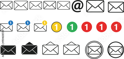 Business marketing icons set, red 3D bullseye targets, mountain achievement peaks, chess strategy, social media logos, email correspondence, success goals,