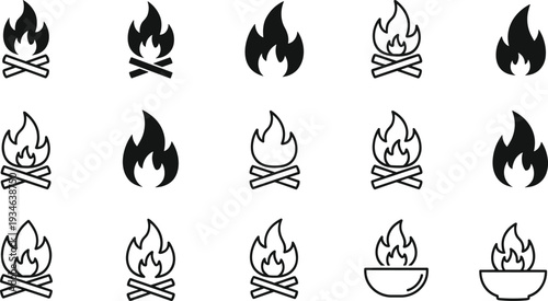 Campfire Icon Set Featuring Minimalist Black Silhouette and Outline Vector Illustrations of Burning Flames and Logs for Camping and Outdoor 
