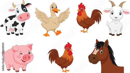 Cute farm animal collection featuring cow, duck, rooster, goat, pig, and horse characters with friendly smiling expressions, isolated flat vector