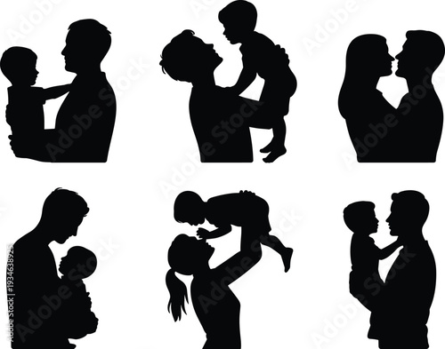 Black silhouettes of parents holding children and romantic couple set isolated on white background, family love and parenthood vector illustration.