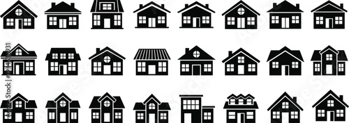 Large set of black house silhouettes featuring various architectural styles suburban homes and residential building icons isolated flat vector