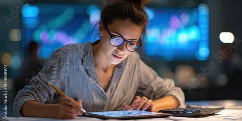 Portrait of woman working in finance using tablet computer and calculator in office