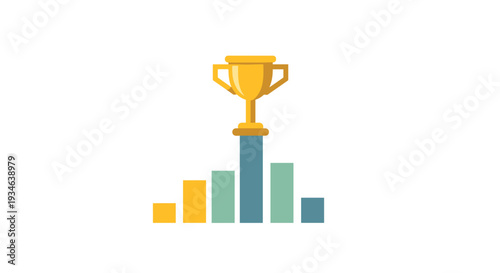 A golden trophy cup rests atop the tallest bar in a series of five vertical bar graph segments against a clean white background.