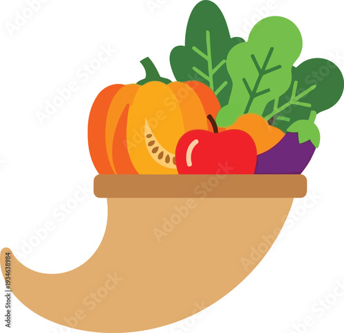 Colorful cornucopia illustration with autumn vegetables and fruits for Thanksgiving and harvest season