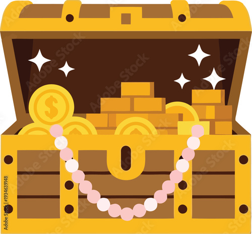 Cartoon Treasure Chest Filled with Gold Coins, Jewels, and Pearls Isolated on White Background