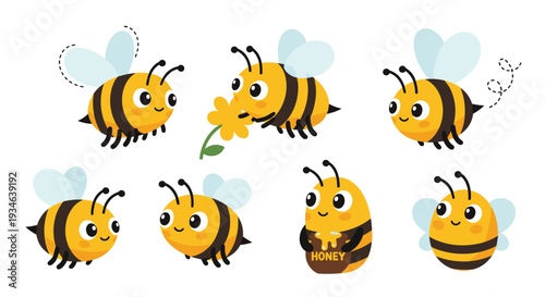 Seven cute, cartoon-style bees are depicted in various playful poses, including holding a flower and a honey pot, against a white background.