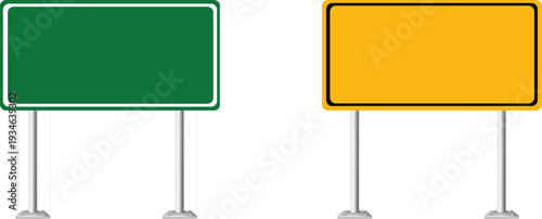 Two road signs, green and yellow, standing upright on thin metal poles against a clear backdrop