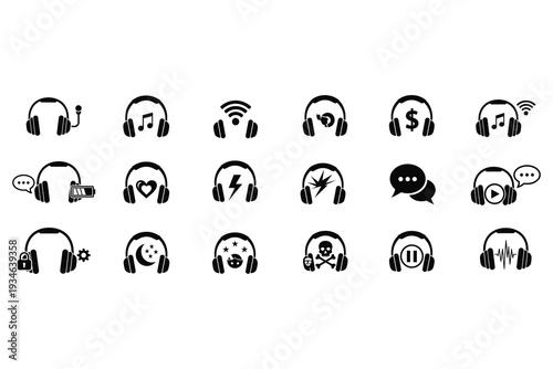Collection of 20 black and white icons depicting people wearing headphones with various expressions and symbols