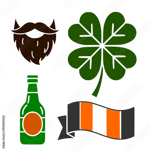 St. Patrick's Day symbols including beard, clover, beer, and flag  