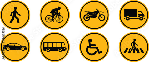 Collection of yellow road safety signs featuring various transportation icons on a white background