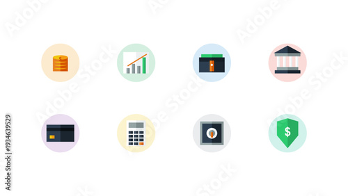 Finance icons vector set for business banking payment investment. Includes money coins, graph chart growth, wallet, bank office, credit card, calculator, safe vault, and security shield symbols.